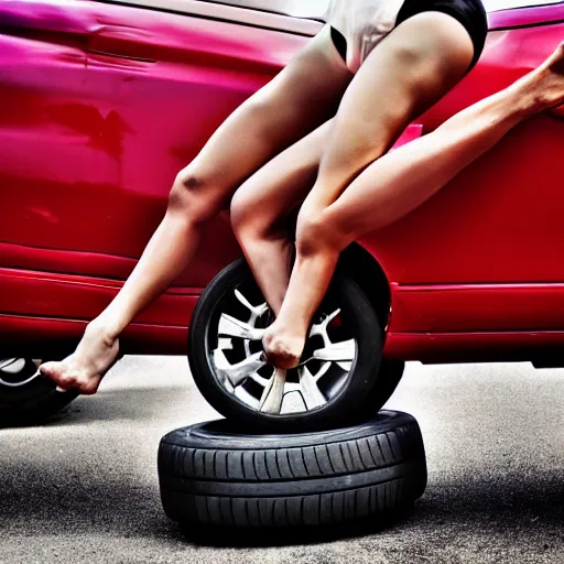 Prompt: car jump, bodybuilder, woman, holding, photo, digital art, hands, underbody, tire, throw, standing