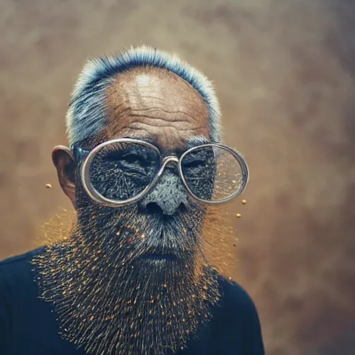 Image similar to full body shot of floating old asian man with long beard, his head covered in flowers, full face occult silver mask, glowing eyes, wearing a large carved wooden fractal stick, smoke around him, in the burning soil desert, cinematic shot, wide angle, desert background, volumetric lighting by Denis Villeneuve, Lubezki, Gaspar Noe Christopher Doyle and Alejandro Jodorowsky, anamorphic lens, anamorphic lens flares, kodakchrome, cinematic composition, practical effects, award winning photo, 8k