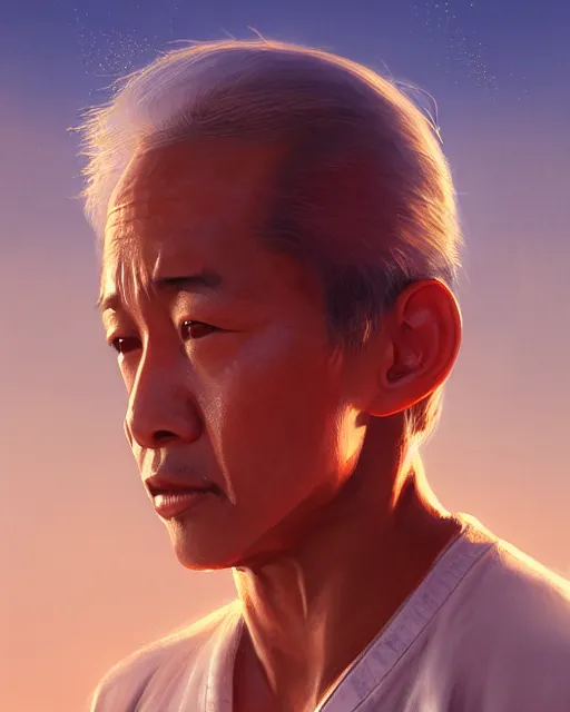Image similar to mr. miyagi, perfect face, karate kid, cinematic, highly detailed, beach, psychedelic, digital painting, artstation, smooth, hard focus, illustration, art by jessica rossier and and brian froud