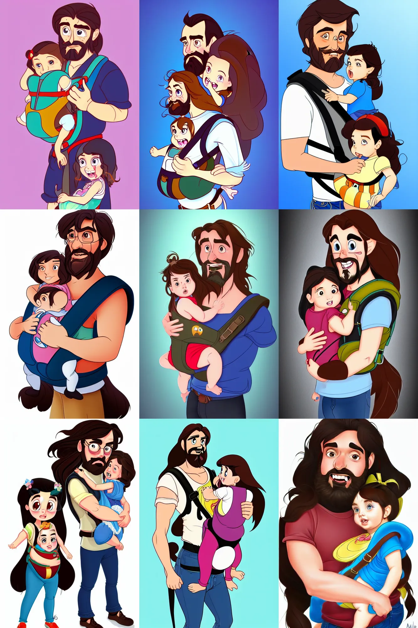 Image similar to a long - haired bearded father and his cartoonish brunette child toddler girl in a baby carrier full color digital illustration in the style of don bluth, artgerm, artstation trending, 4 k