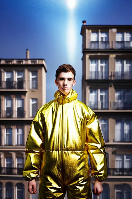 Image similar to un ultra high definition studio quality photographic art portrait of a young man standing on the rooftop of a british apartment building wearing opaque soft inflatable padded iridescent refractive clothing. three point light. extremely detailed. golden ratio, ray tracing, volumetric light, shallow depth of field. set dressed.