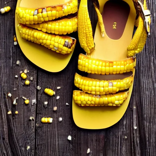 Prompt: sandals made out of corn on the cob