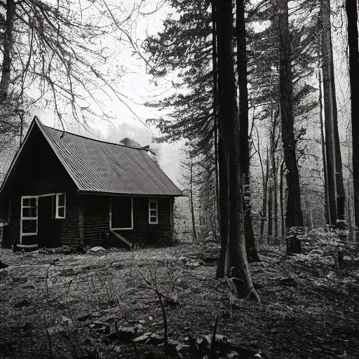 Image similar to a photo of a Eerie cabin in the middle of the woods in the style of 1980s found footage