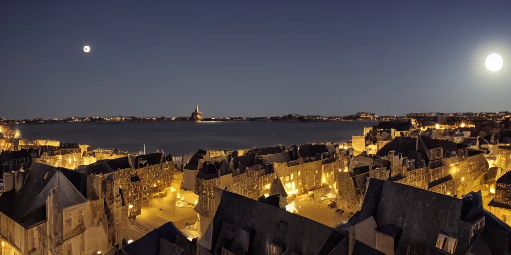 Image similar to view of saint - malo roofs towards the sea at night lit by the full moon, cinematic, anamorphic lens,