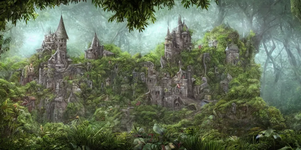 Image similar to a castle hidden in the jungle, overgrown with trees, misty, whimsical, cute art style, highly detailed, 4 k