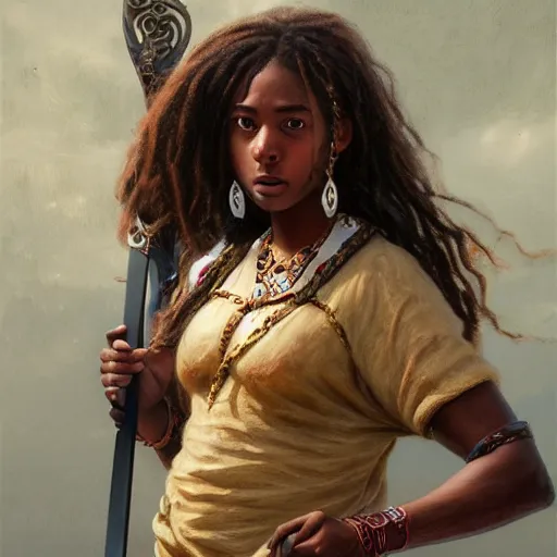 Image similar to artstation concept of a beautiful girl holding a sword in both hands, brown skin, sweaty skin, symmetrical face, casual white garment, brown canyon background, shiny colorful, hyperdetailed, artstation trending, world renowned artists, worth1000.com, historic artworks society, antique renewel, cgsociety, by greg rutkowski, by Gustave Dore, Deviantart