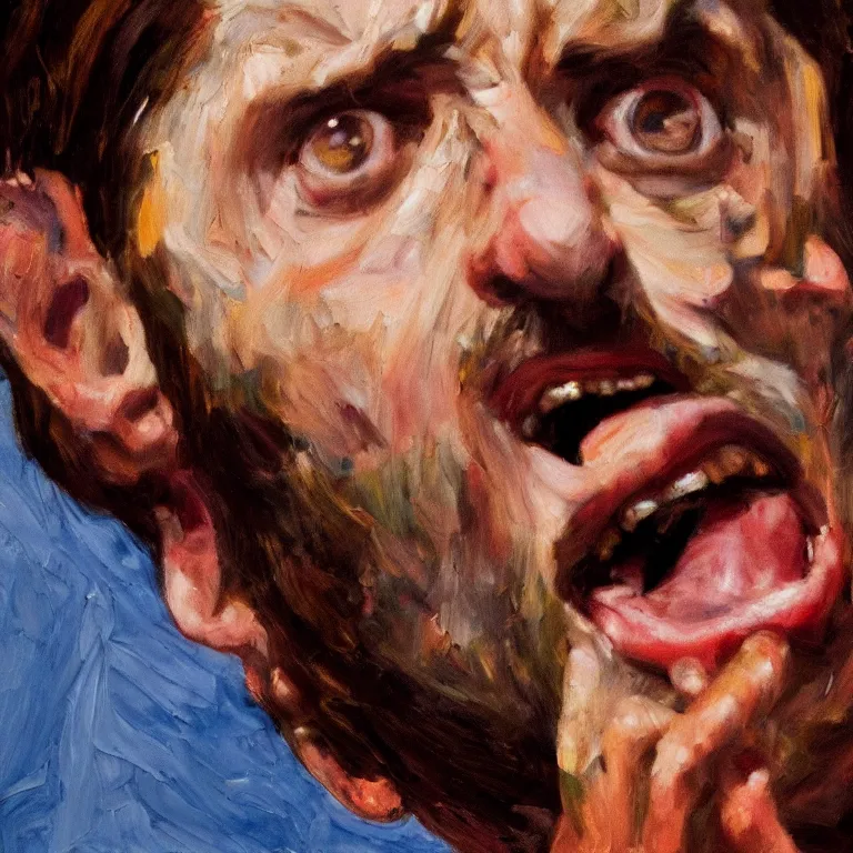 Image similar to warmly lit close up studio portrait of young furiously angry!! Ringo Starr in 1965 angrily singing, impasto oil painting thick brushstrokes by Lucian Freud and Cy Twombly and Tim Hawkinson , trending on artstation dramatic lighting Expressionism