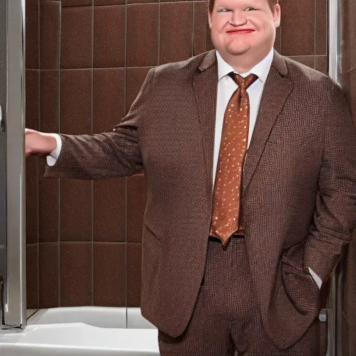 Prompt: Andy Richter is wearing a chocolate brown suit and necktie. Andy is standing under a running shower. The suit and necktie are soaking wet.