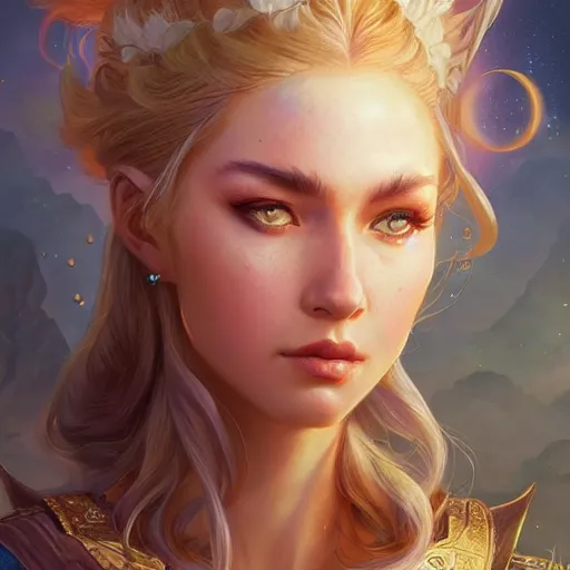 Image similar to Lunar Goddess, D&D, fantasy, portrait, highly detailed, digital painting, trending on artstation, concept art, sharp focus, illustration, art by artgerm and greg rutkowski and magali villeneuve