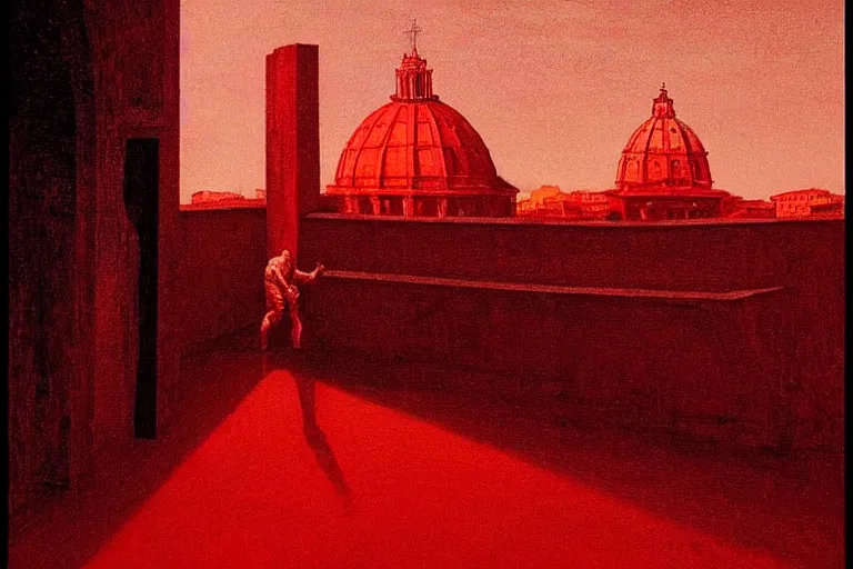 Image similar to only with red, caesar after war, a red tiger, in hoc signo vinces, rome in background, an ancient path, in the style of beksinski, part by hopper, part by rodcenko, part by hofbauer, intricate composition, red by caravaggio, insanely quality, highly detailed, masterpiece, red light, artstation