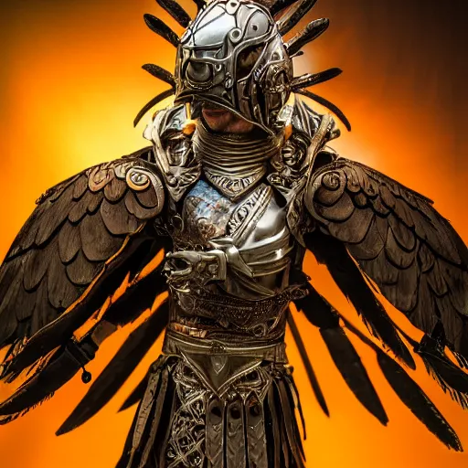 Image similar to warrior with metal eagle armour with wings , highly detailed, dramatic lighting, cinematic, 4k