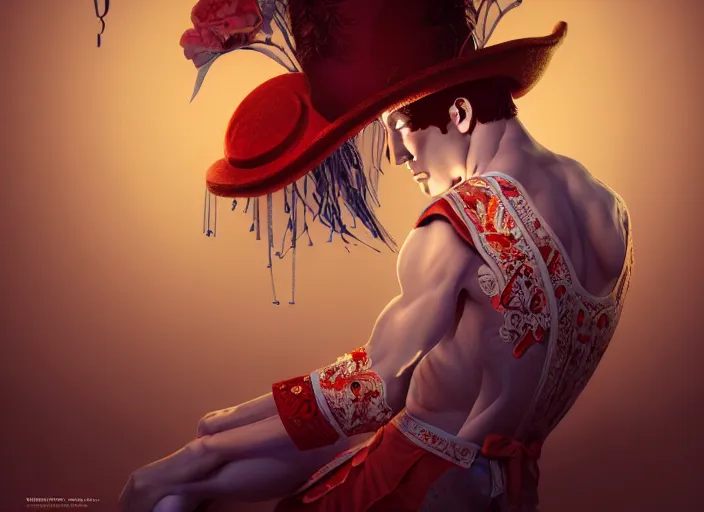 Image similar to award winning digital art of a attractive male pierrot, performing at a magnificent circus, beautiful circus themed background, trending artstation, digital art, aesthetic, bloom, intricate, elegant, sharp focus, digital illustration, highly detailed, octane render, digital painting, concept art, witchlight carnival, masterpiece