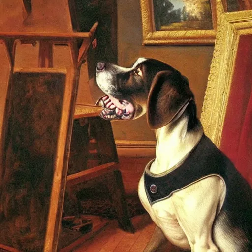 Prompt: A confused dog attempts to program unsuccessfully | renaissance | oil painting | highly detailed | emotional