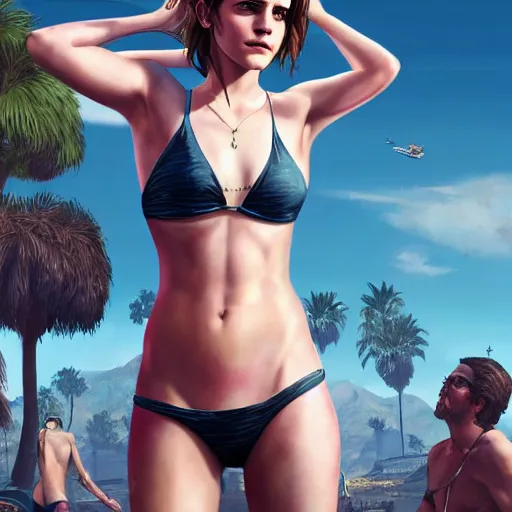 Image similar to highly detailed painting of emma watson wearing a bikini in los santos, gta 5 cover art, stephen bliss, 8 k, by greg rutkowski, artgerm, global illumination, radiant light, detailed and intricate environment