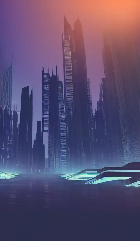 Image similar to futuristic urban island city at dusk. the imposing silhouette of a shadowy space cop. cgartist. leading lines. volumetric lighting. god rays.