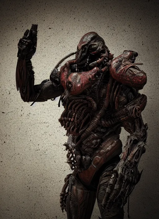 Image similar to a photorealistic dramatic hyperrealistic render of predator the alien hunter, ultra realistic details, well worn, rust, oil stains designed by vitaly bulgarov and mike nash, beautiful dramatic dark moody tones and lighting, cinematic atmosphere, studio lighting, global illumination, shadows, dark background, octane render, 8 k