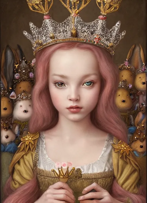 Image similar to highly detailed closeup portrait of a fairytale medieval princess wearing a crown and sitting on a throne, surrounded by cute bunnies, unreal engine, nicoletta ceccoli, mark ryden, earl norem, lostfish, global illumination, god rays, detailed and intricate environment