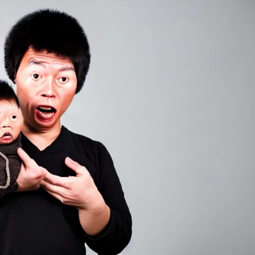 Prompt: a shocked, confused asian man holding his black newborn baby