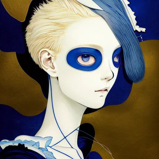 Image similar to prompt : ivory and blue and black portrait soft light painted by james jean and katsuhiro otomo and erik jones, inspired by evangeleon anime, smooth face feature, intricate oil painting, high detail illustration, sharp high detail, manga and anime 1 9 9 9