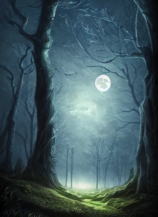 Image similar to fantasy book cover, full moon, fantasy forest landscape, sharp focus, illustration, highly detailed, digital painting, concept art, matte, masterpiece