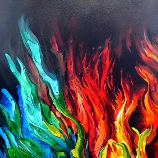 Image similar to the flames are coming for you and nothing can stop them, thick paint, thick brush, oil painting, colorful, detailed, sharp