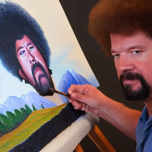 Prompt: a closeup photorealistic photograph of bob ross adding the finishing touches to a canvas painting of kenny powers. mountains and trees. film still. brightly lit scene. this 4 k hd image is trending on artstation, featured on behance, well - rendered, extra crisp, features intricate detail, epic composition and the style of unreal engine.