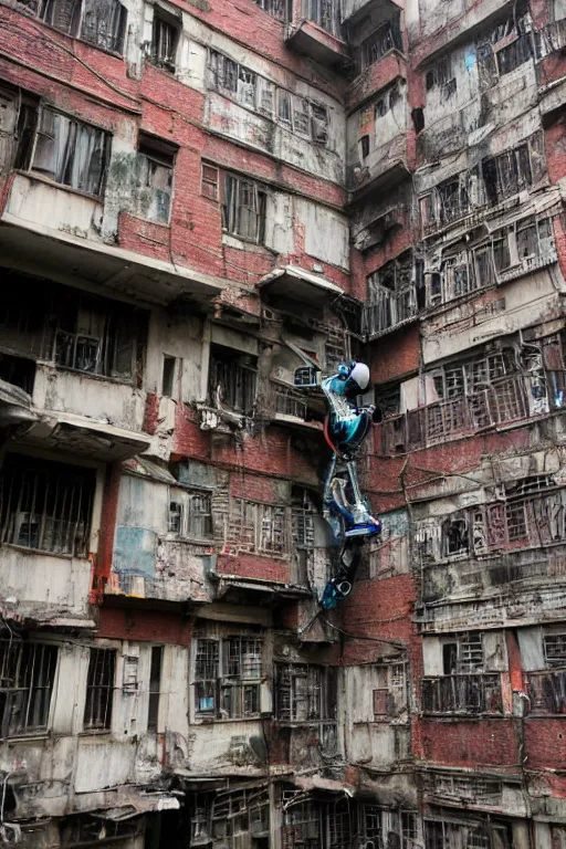 Image similar to long shot of a robot climbing up the side of kowloon walled city, photograph of a climbing robot