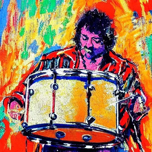 Prompt: painting of neal peart playing a drum solo, by leroy neiman, hd, detailed, award winning