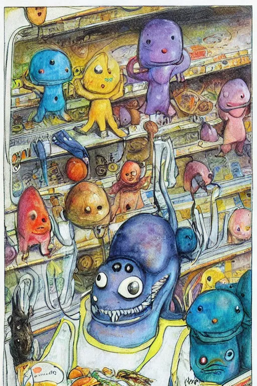 Image similar to cute aliens in a grocery store by jerry pinkney