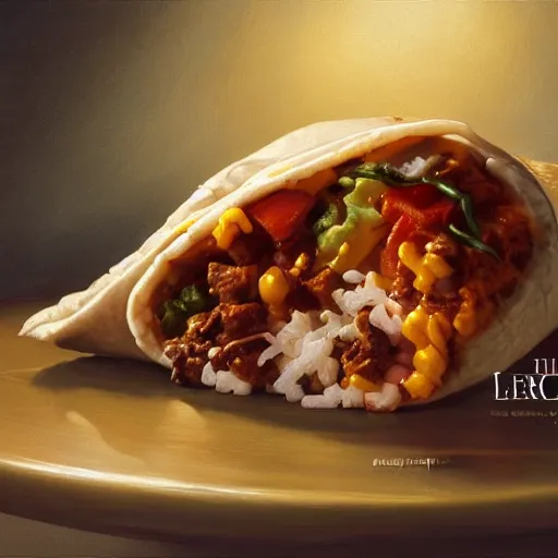 Prompt: The worlds most delicious burrito, 5 star food, tasty, yummy, detailed, centered, digital painting, artstation, concept art, donato giancola, Joseph Christian Leyendecker, WLOP, Boris Vallejo, Breathtaking, 8k resolution, extremely detailed, beautiful, establishing shot, artistic, hyperrealistic, beautiful face, octane render, cinematic lighting, dramatic lighting, masterpiece