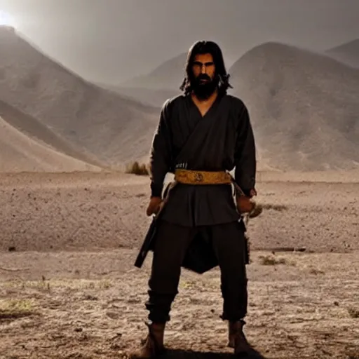 Image similar to kurdish samurai in a movie directed by christopher nolan, movie still frame, promotional image, imax 7 0 mm footage