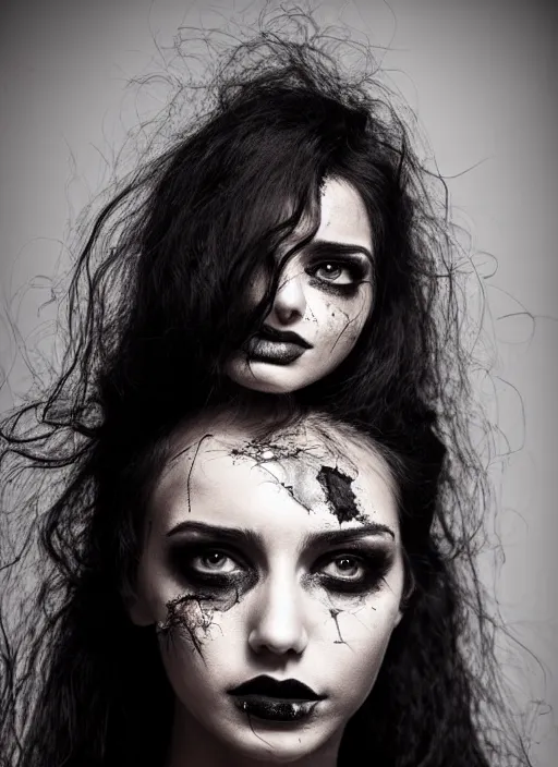 Image similar to astonishingly beautiful woman in tattered clothes revealing body, black hair, make up, black & white