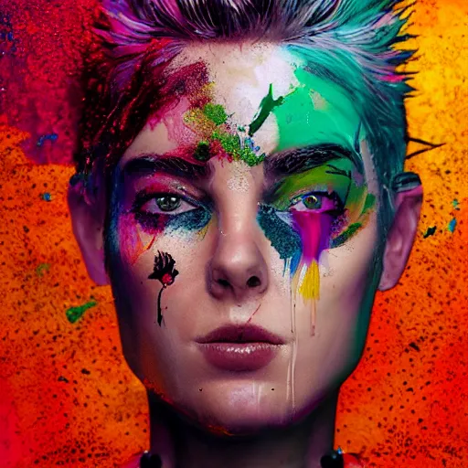 Image similar to portrait made out of exploding paint, punk rock women, short blond hair, octane render, highly detailed, realistic, beautiful, splashes of neon, comic book art