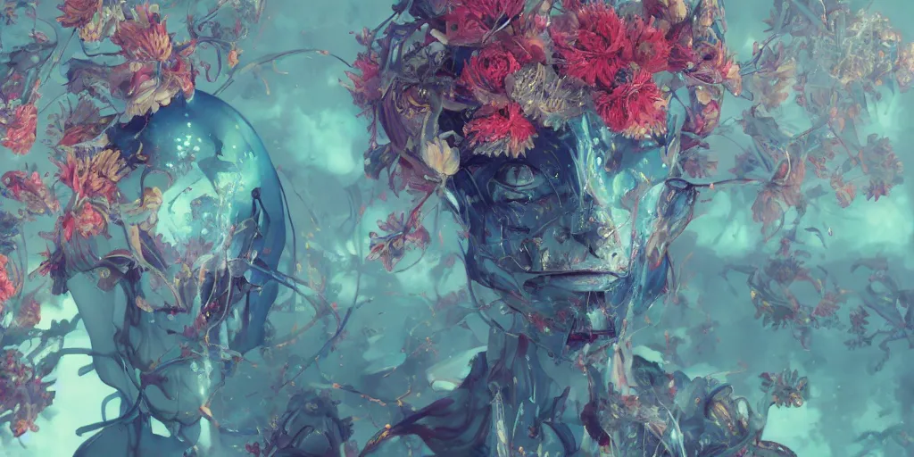 Image similar to surreal gouache painting, by yoshitaka amano, by ruan jia, by conrad roset, by kilian eng, wide angle, by good smile company, detailed anime 3 d render of a mechanical android head with flowers growing out, portrait, cgsociety, artstation, modular patterned mechanical costume and headpiece, retrowave atmosphere