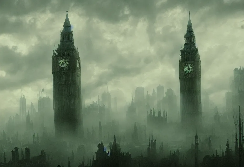 Prompt: cthulhu attacks london with tentacles in green mist by carl gustav carus, clocktower, steampunk, digital art, 4k, trending on artstation, highly detailed