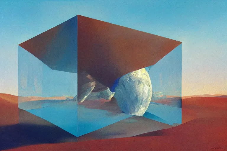 Prompt: oil painting, long view, hight detailed, giant glass cube in the desert, in style of 80s sci-fi art, neodada