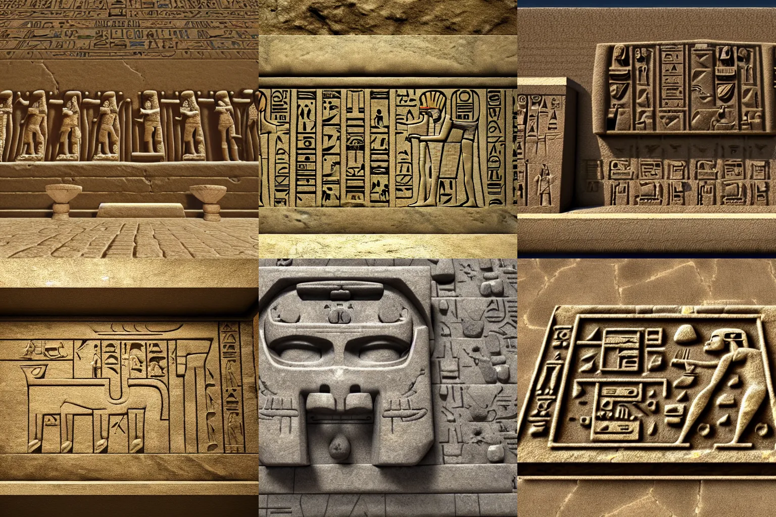 Prompt: a 3 d render of ancient nintendo 6 4 made of stone in the ancient egyptian style, with ancient egyptian hieroglyphs, 3 d render, unreal engine 5, very realistic, 4 k textures, wide shot, full view