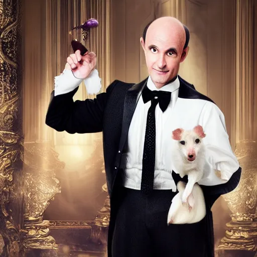 Image similar to older fantasy butler that looks similar to michael kane, full body portrait, handsome, 4 k, tarot card style, photo realistic, balding, well dressed, pet rat on shoulder