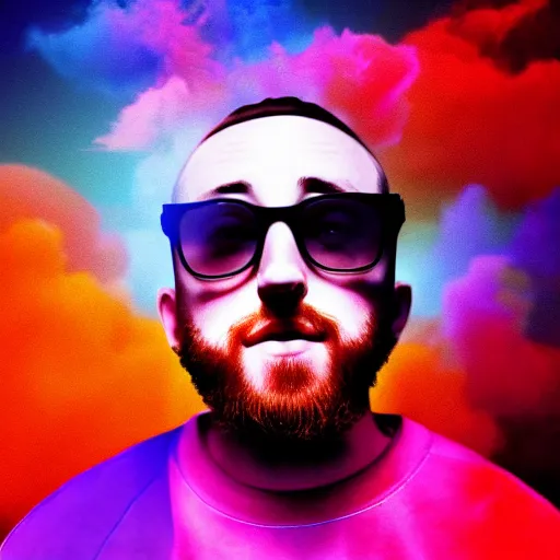 Image similar to mac miller on a cloud in the center of a picture blowing out a colorful cloud holding a joint cinematic lighting octane render a wonderful painting by mateusz urbanowicz