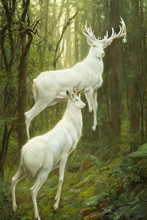 Image similar to Magical White Stag in the distance, lush green deep forest, cold light, art nouveau, 4K, character concept art, oil painting, digital painting, painterly, trending in artstation, cgsociety, by Alphonse Mucha, Artgerm, Greg Rutkowski, Tom Bagshaw, Sargent