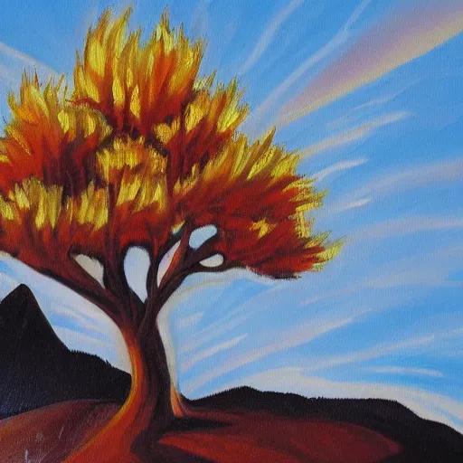 Image similar to A painting of a burning bush in mountainous terrain