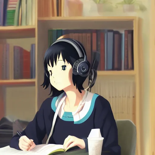 Image similar to Anime painting of a black haired girl wearing headphones while studying in her warm cozy home, by makoto shinkai, relaxed, calm, atmospheric, trending on artstation, kimi no na wa