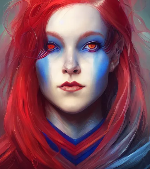 Image similar to A detailed matte head on symmetrical fanart portrait of a distinguished elven woman with red and blue hair by Charlie bowater and lise deharme wlop, critical role