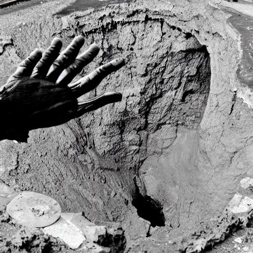 Prompt: A giant black stone hand reaching out from a city sized sinkhole. Dark. Jagged.