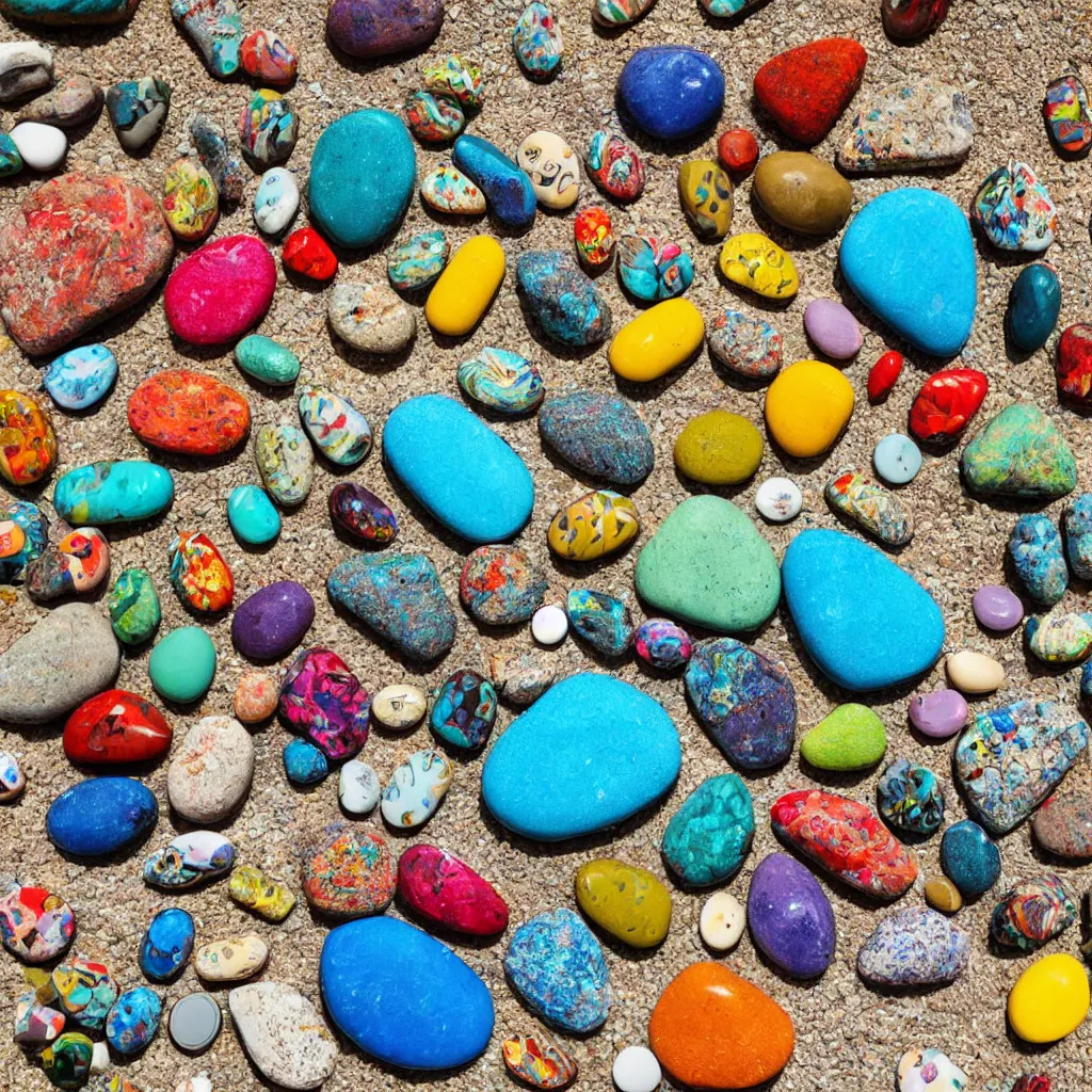 Prompt: rainbow rocks outdoor sculpture, desert with pills of bright blue water, birds eye view