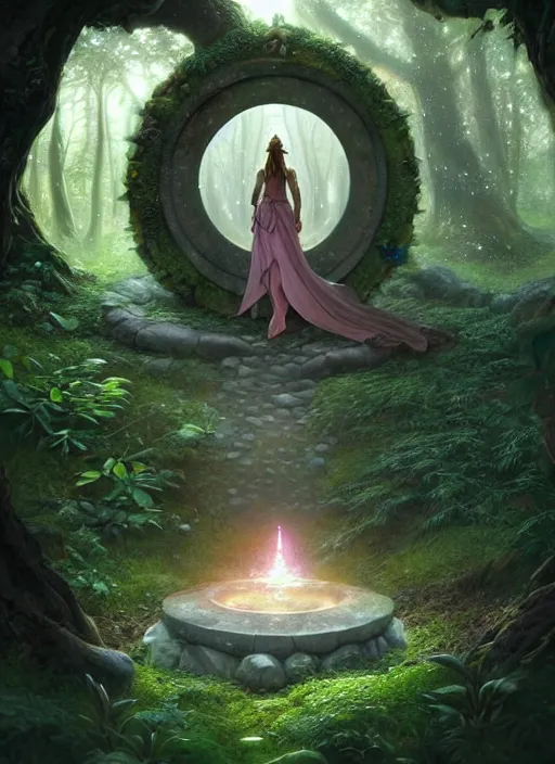 Image similar to Fantasy Magical fairy-tale portal in the forest. Round stone portal teleport in trees to other worlds. Fantastic landscape. Magic Altar in the fores, highly detailed, digital painting, artstation, concept art, smooth, sharp focus, illustration, art by artgerm and greg rutkowski and alphonse mucha