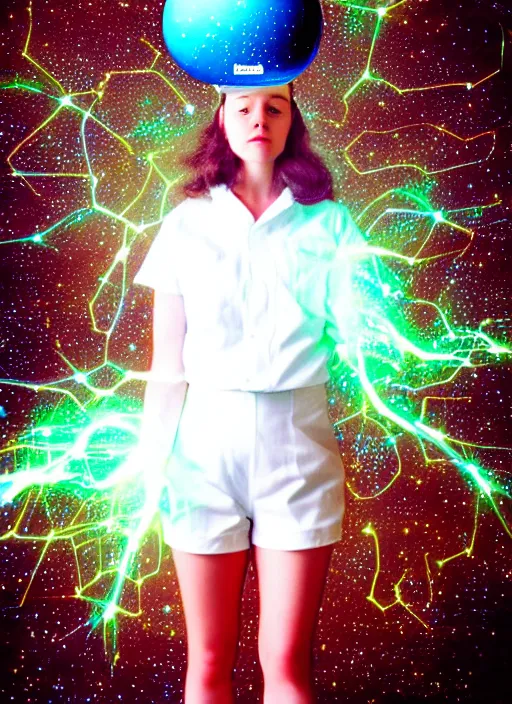 Image similar to realistic photo portrait of a a scientist girl dressed in white shorts, dressed in white plastic spherical helmet hat, particles aura electricity, 1 9 9 0, life magazine photo, natural colors,