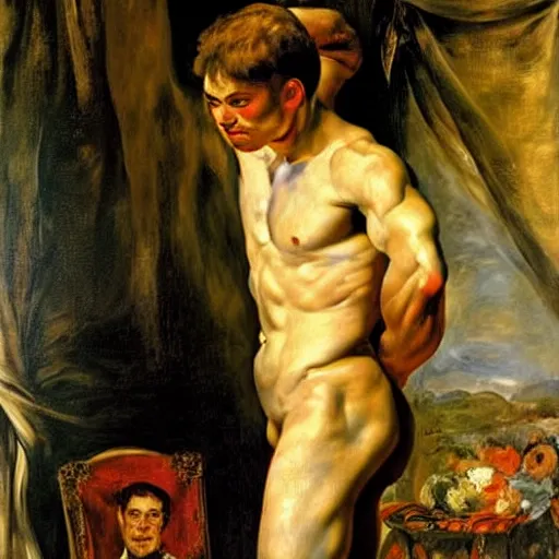 Image similar to russian young muscular athlete man posing in his living room, 1987, Peter Paul Rubens, manet, renoir