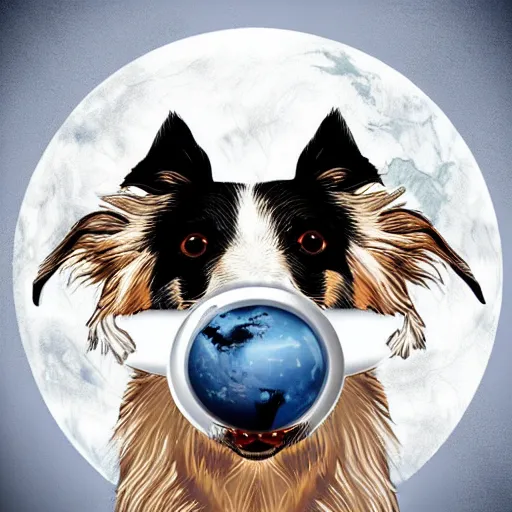 Image similar to Surrealistic digital art of a white and brown Border Collie dog with the Earth on his mouth