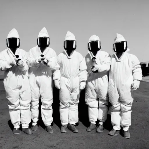 Image similar to a group of men wearing hazmat suits, holding ice cream cones, sunny day, arriflex 35